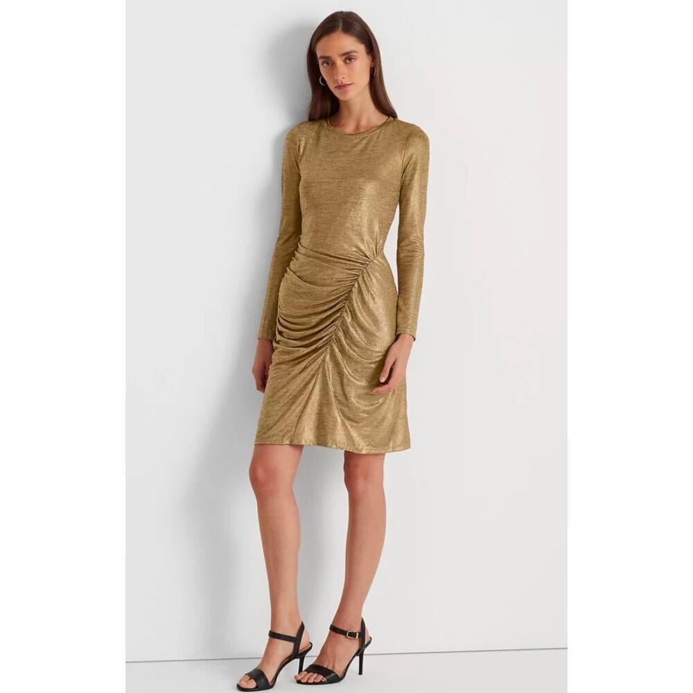 Lauren Ralph Lauren Long Sleeve Side Ruch gold Foil Jersey Sheath Dress sz 10